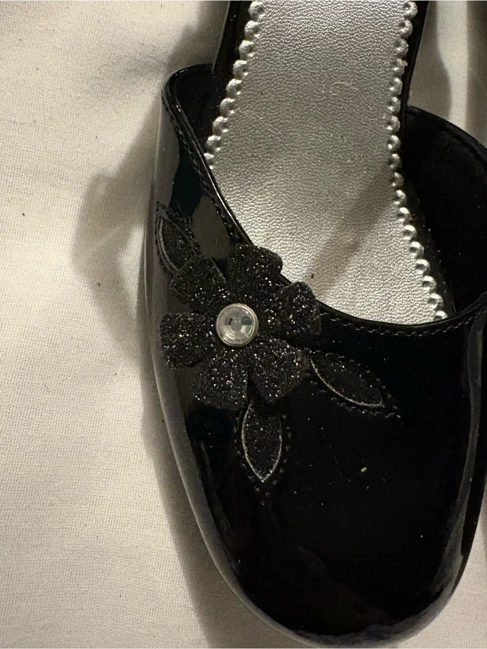 Girls' Black Patent Mary Jane Dress Shoes with Floral Accent